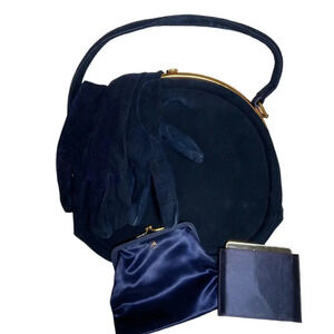 Vintage Velvet Handbag KORET Calf Suede Clamshell Purse‎ w Accessories
